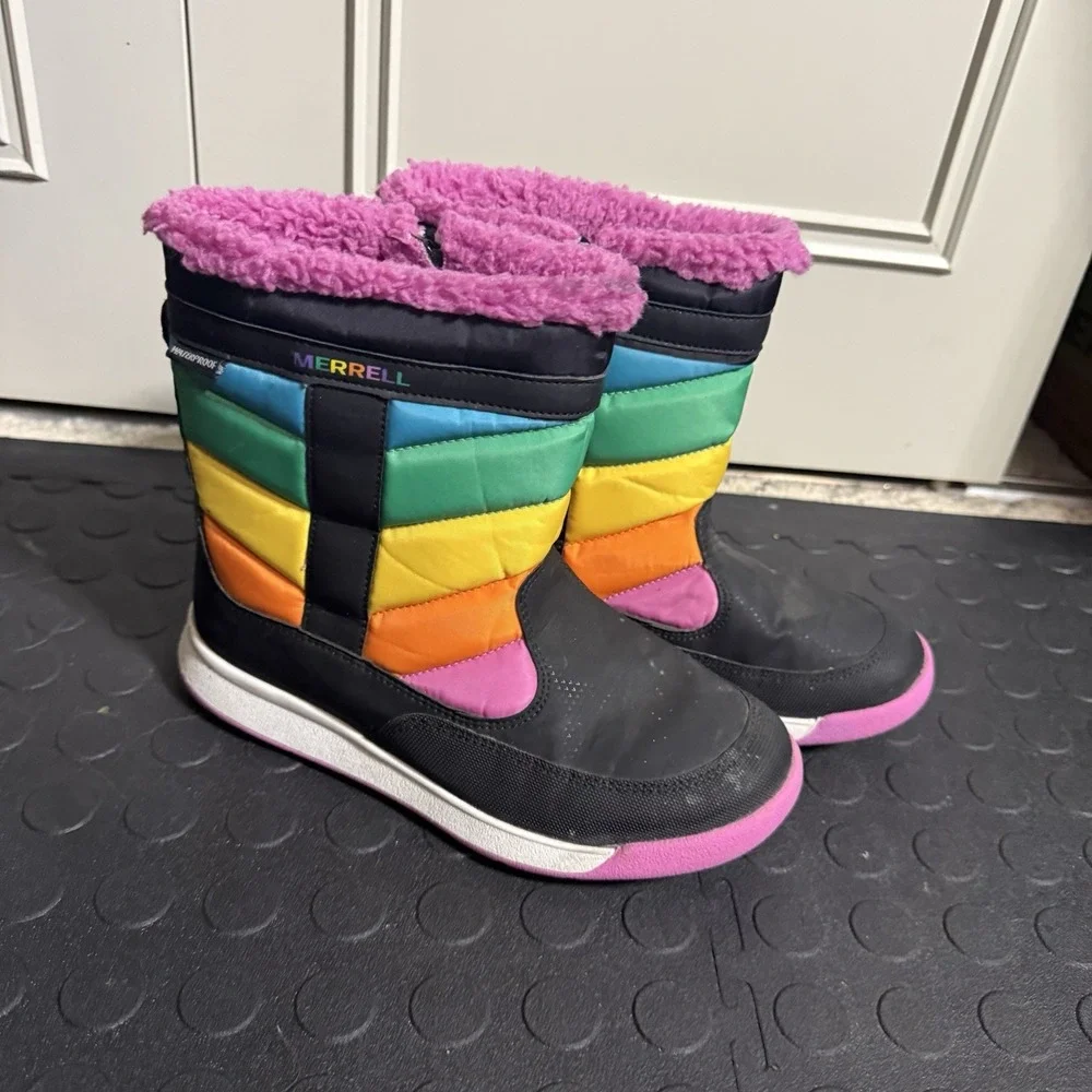 MERRELL Girls ALPINE SNOW STORM Warm BOOTS SIZE 3 MULTICOLOR Rainbow Pink Fur